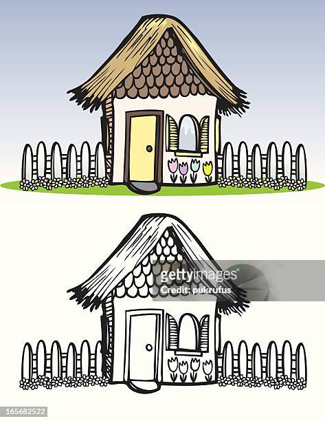 häuser-cottages - thatched roof stock-grafiken, -clipart, -cartoons und -symbole