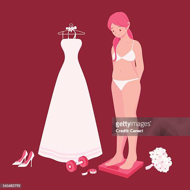 bulging bride on a scale - strapless stock illustrations