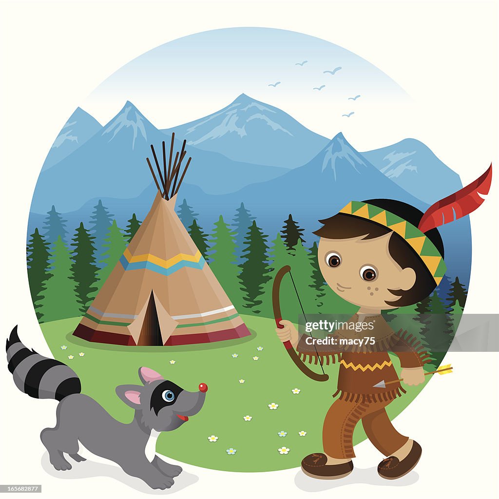 Indian tipi boy and raccoon