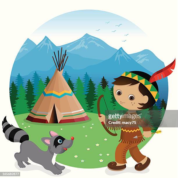 indian tipi boy and raccoon - camping kids stock illustrations