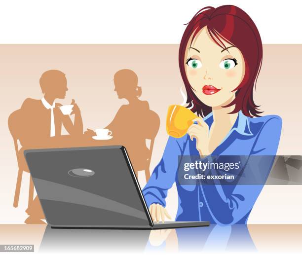 woman drinking coffee - drinking coffee at work stock illustrations