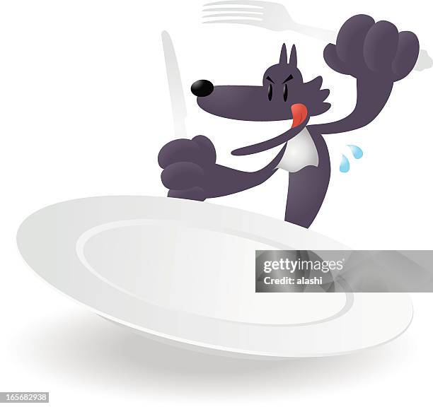 illustrazioni stock, clip art, cartoni animati e icone di tendenza di lupo con forchetta, coltello e piatto vuoto cena - arto superiore animale