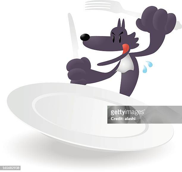 stockillustraties, clipart, cartoons en iconen met wolf holding knife and fork, a blank dinner plate - licking