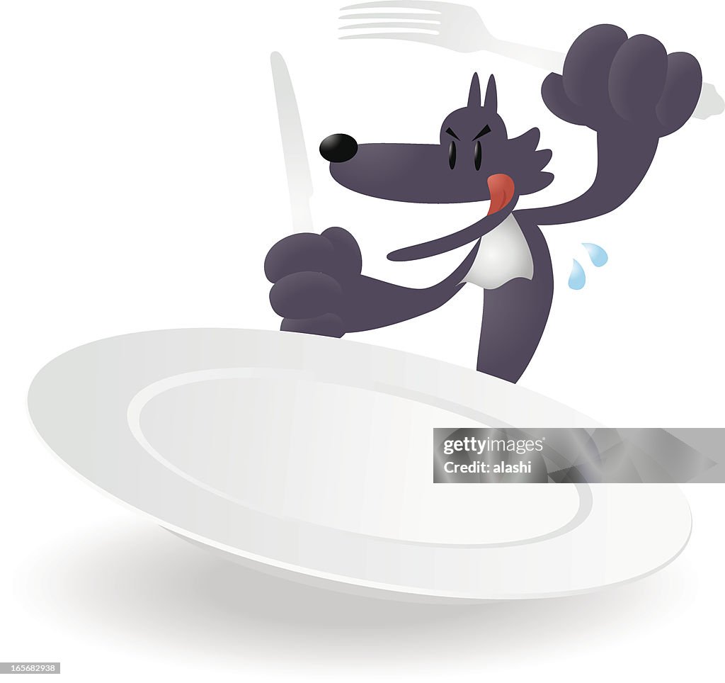 Wolf Holding Knife and Fork, A Blank Dinner Plate