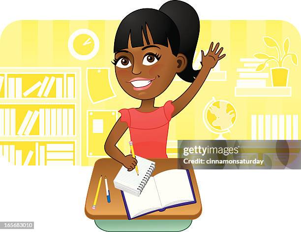 african american girl raising hand in school - pre adolescent child stock illustrations