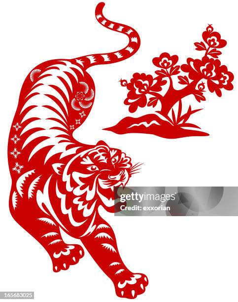 ilustrações, clipart, desenhos animados e ícones de ano do tigre de papel cortado arte - etnia oriental