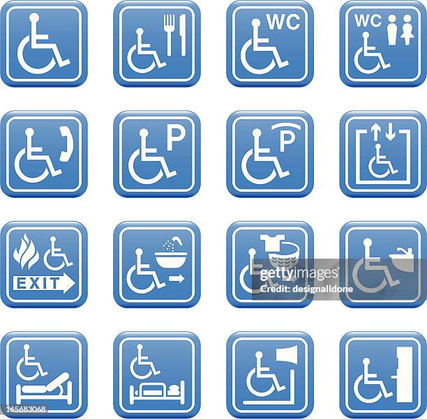 ilustraciones, imágenes clip art, dibujos animados e iconos de stock de acceso para silla de ruedas y las instalaciones iconos - símbolo internacional de accesibilidad