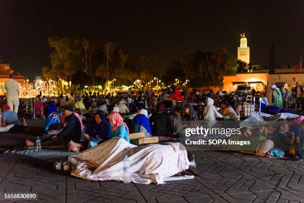 People are seen sleeping on the pavement of Jemaa el Fna square at night for fear of more earthquakes. The 6.8 magnitude earthquake hit on Friday 8th...