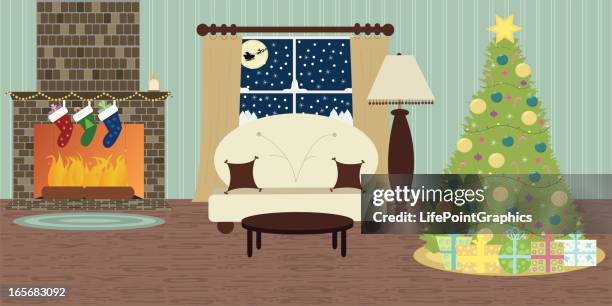 retro christmas living room with tree, stockings, and presents - living room wallpaper stock illustrations
