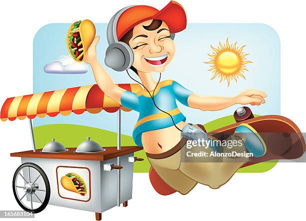 happy boy holding a burrito - skateboard jump stock illustrations