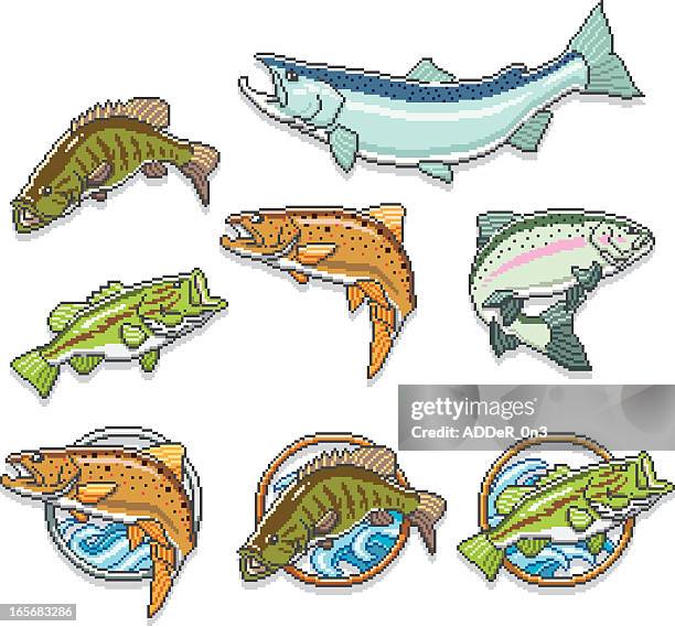 pixel fish set - bass fish stock illustrations