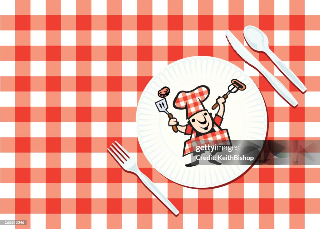 Picnic Chef Icon with Place Setting Paper Plate - Grilling