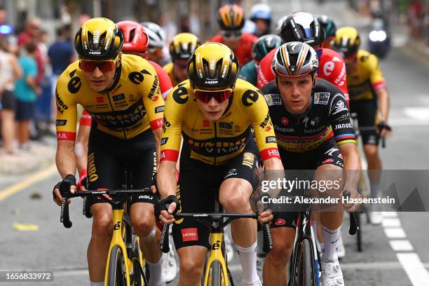 Wilco Kelderman of The Netherlands, Jonas Vingegaard of Denmark and Team Jumbo-Visma and Remco Evenepoel of Belgium and Team Soudal - Quick Step...