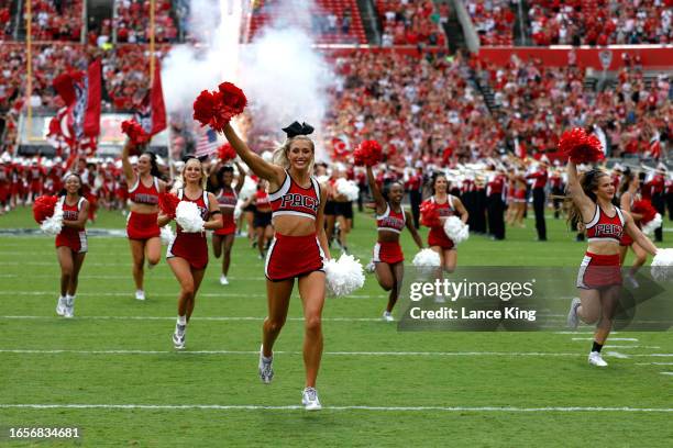 Cheerleaders of the NC State Wolfpack run on the field prior to the game against the Notre Dame Fighting Irish at Carter-Finley Stadium on September...