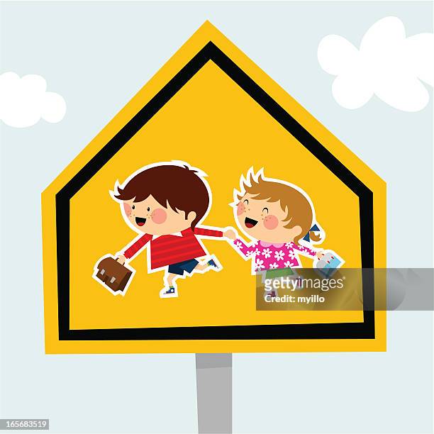 school traffic sign schoolboy schoolgirl backtoschool illustration vector - bus stop stock illustrations