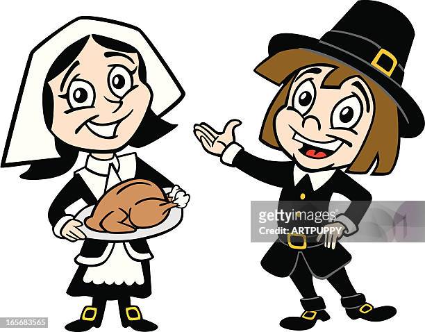 stockillustraties, clipart, cartoons en iconen met thanksgiving pilgrim couple - pilgrim