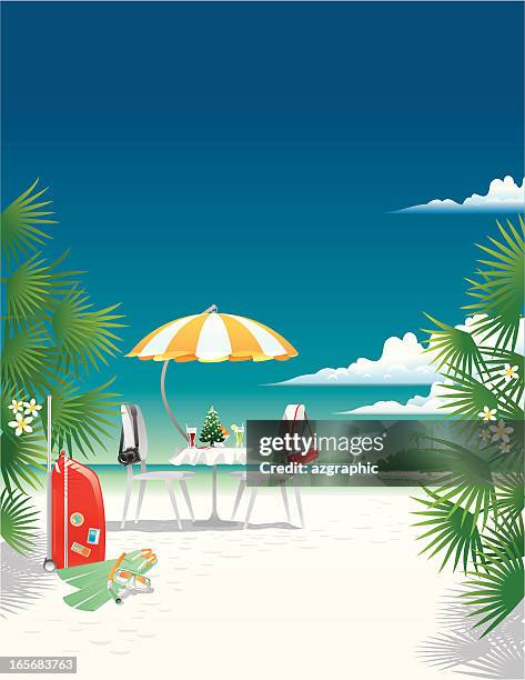 ilustraciones, imágenes clip art, dibujos animados e iconos de stock de mesa de navidad en el trópico beach - bolsa de playa