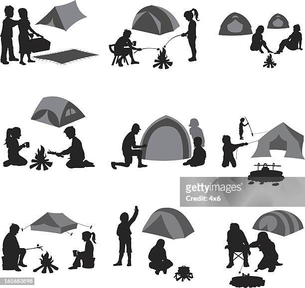 campers at campsite - camping campfire stock illustrations