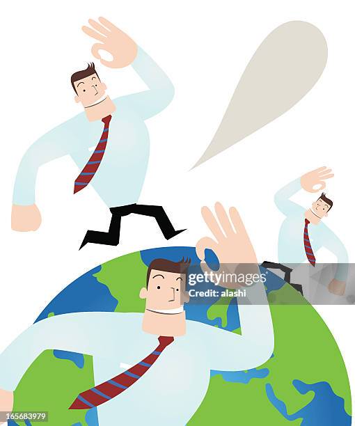 stockillustraties, clipart, cartoons en iconen met businessman running around the world and showing ok - team inspectors