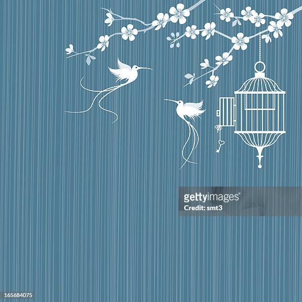 birds and cage with cherry blossoms - birdcage stock illustrations