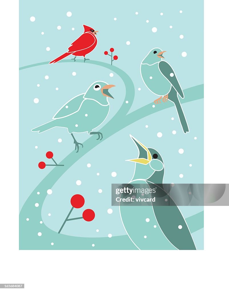 An illustration of four calling birds
