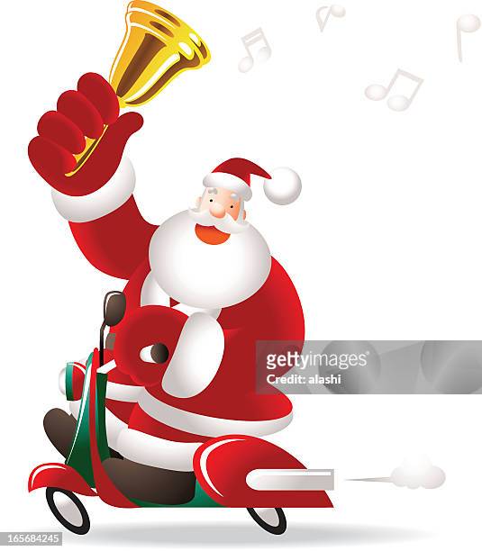 stockillustraties, clipart, cartoons en iconen met christmas: happy santa claus riding a motorcycle, shaking jingle bell - gospelmuziek
