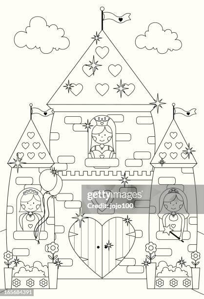 fairytale sparkly castle and princess characters to color in. - princess-castle-background stock illustrations