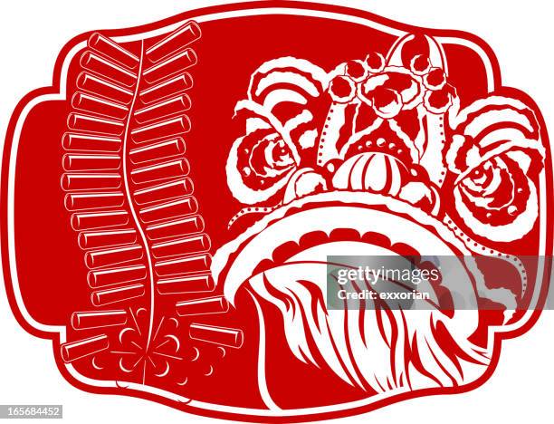 lion dance with firecracker chinese paper-cut art - chinese lion stock illustrations