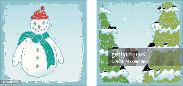 schneemann und conifer symbole - pudelmütze stock-grafiken, -clipart, -cartoons und -symbole