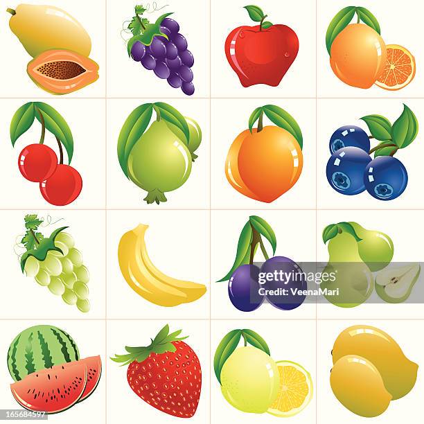 ilustraciones, imágenes clip art, dibujos animados e iconos de stock de coloridas frutas/icono de conjunto - guayaba