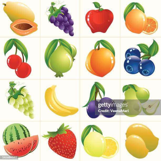 ilustraciones, imágenes clip art, dibujos animados e iconos de stock de coloridas frutas/icono de conjunto - guayaba