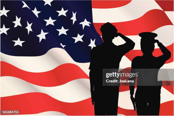 stockillustraties, clipart, cartoons en iconen met silhouettes saluting the american flag - krijgsmacht