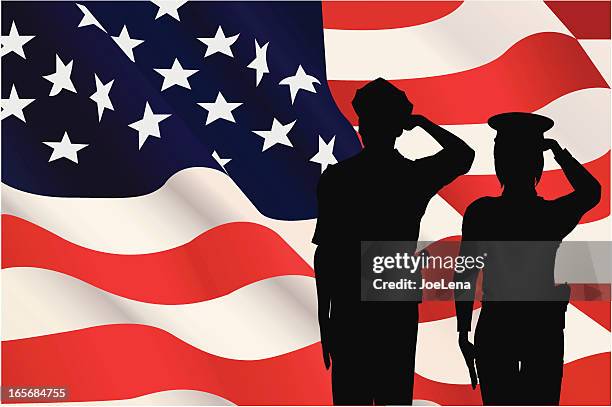 bildbanksillustrationer, clip art samt tecknat material och ikoner med silhouettes saluting the american flag - poliskår