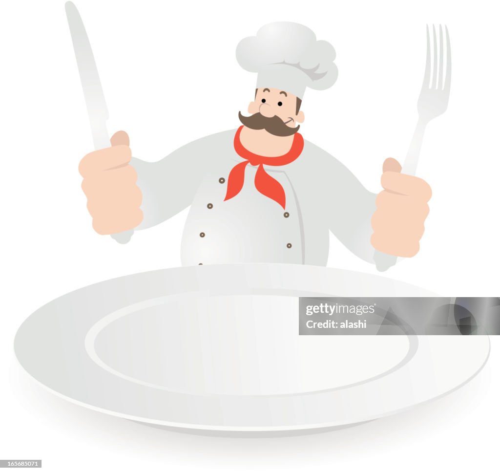 Happy Chef Holding Knife and Fork, A Blank Dinner Plate