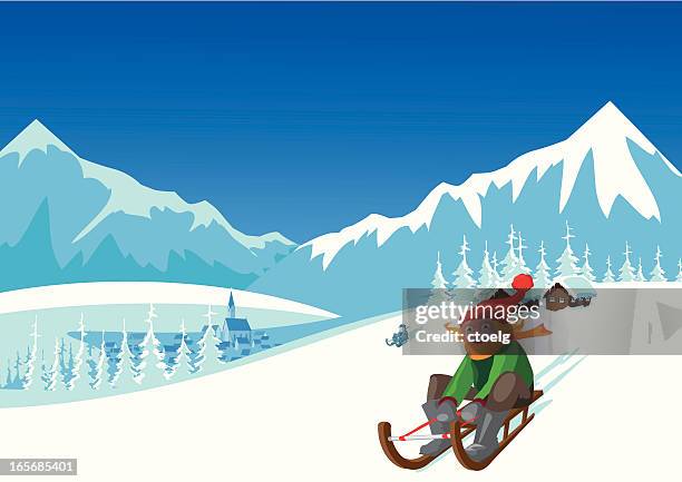 ilustrações, clipart, desenhos animados e ícones de paisagem de inverno - tobogganing