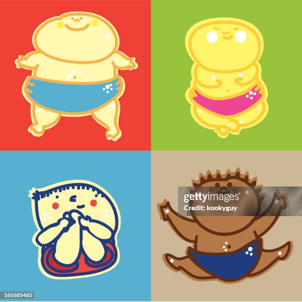 four newborn babies in different poses - premature stock illustrations