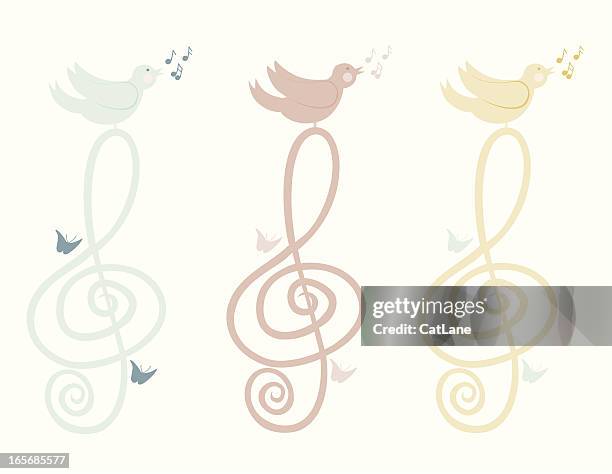 ilustraciones, imágenes clip art, dibujos animados e iconos de stock de pájaro cantor en clave de sol - bird singing