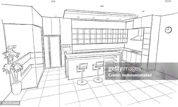 stockillustraties, clipart, cartoons en iconen met kitchen sketch - modelhuis interieur