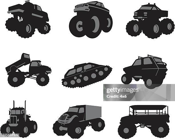 verschiedene große fahrzeuge - monstertruck stock-grafiken, -clipart, -cartoons und -symbole