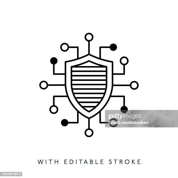 digital security line icon editable stroke - computer virus drawing stock illustrations
