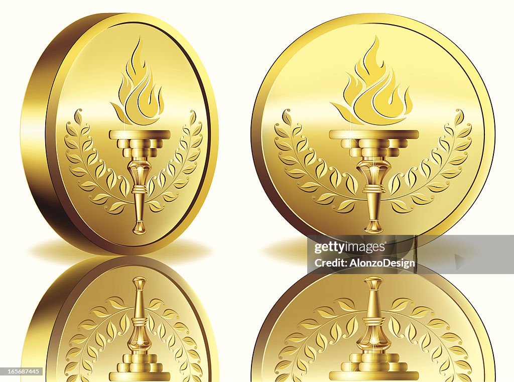 Gold medal with flaming torch