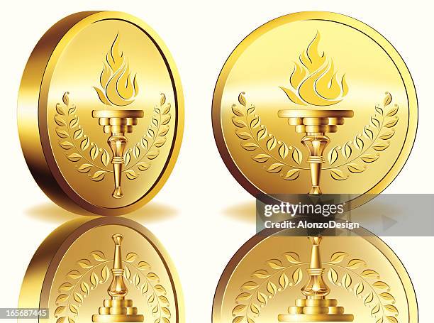 gold medal with flaming torch - gold medal stock illustrations