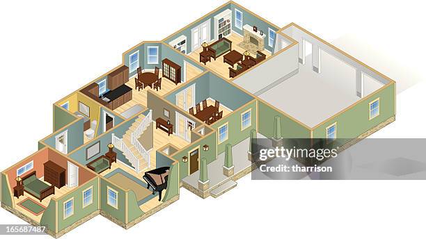 isometric house cutaway four - cutaway drawing stock illustrations