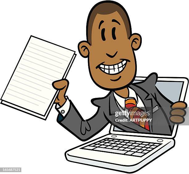 african american cartoon man with computer - black person using computer stock illustrations