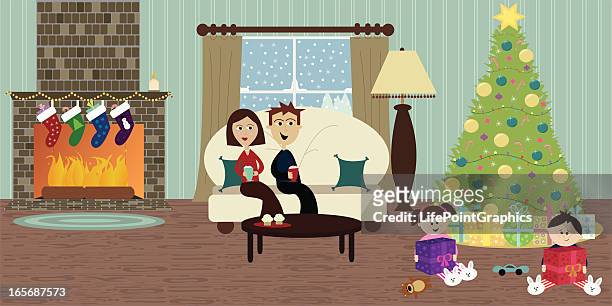 family opening presents on christmas day - family on sofa stock illustrations