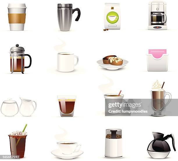 stockillustraties, clipart, cartoons en iconen met sixteen coffee related icons and logos - mokken