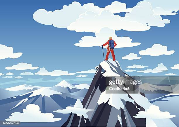 bildbanksillustrationer, clip art samt tecknat material och ikoner med hiker standing on a mountain peak - backpacker