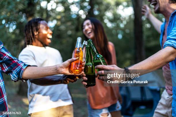 happy friends clinking beer bottles in the forest - lager stock pictures, royalty-free photos & images