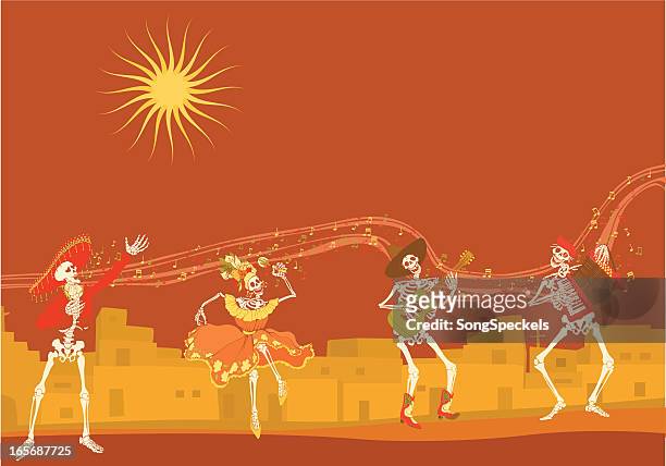 ghostly skeleton band arisen on day of the dead - sombrero maracas stock illustrations