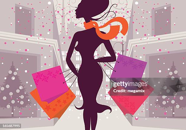 vector image of a woman doing christmas shopping - infinity scarf stock illustrations